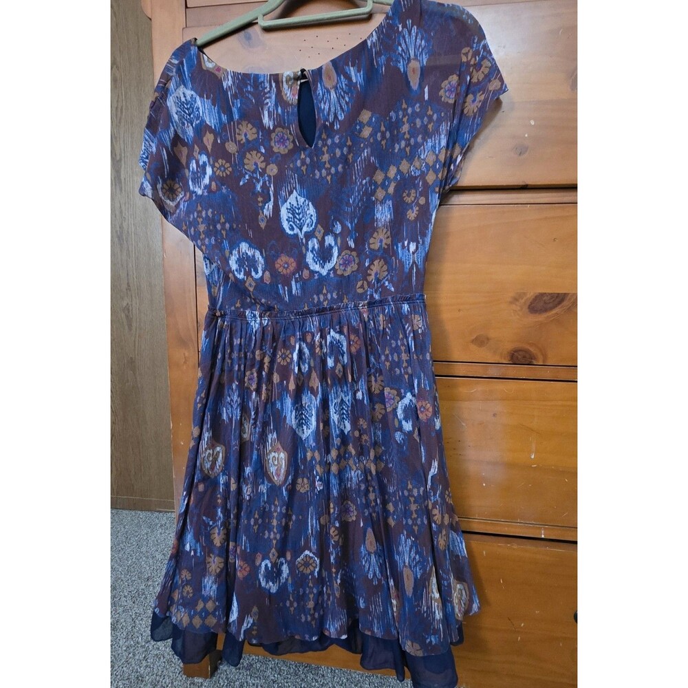 Weston Wear Dress Size Small Short Sleeve Blue Brown Print Ruffle Skater Tulle - Picture 2 of 9